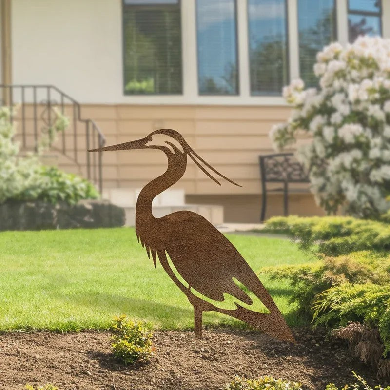 Roestkleurige Metalen Reiger Tuinbeeld - Stijlvolle Vogel Sculptuur voor Buiten