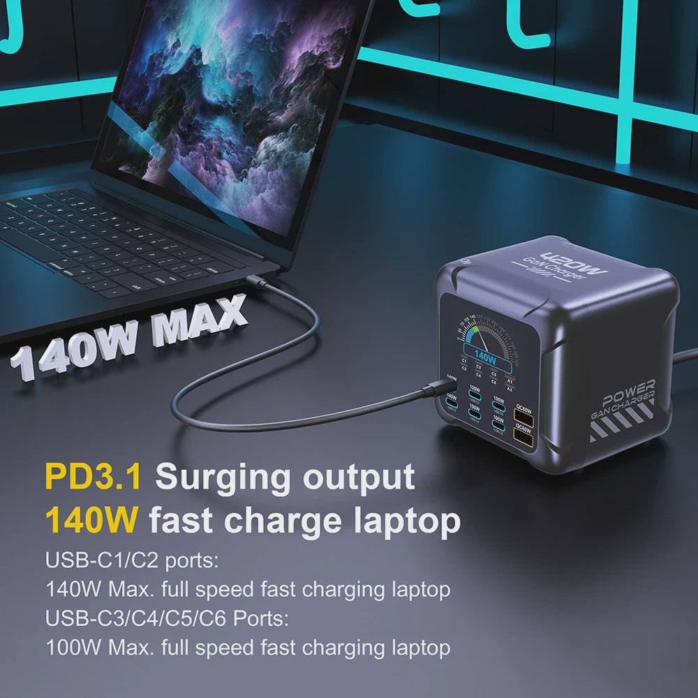 420W GaN Snellader met PD3.1: 140W USB-C Laadstation voor Laptops, Smartphones & Meer