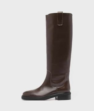 Luxe Bruine Leren Dames Laarzen - Kniehoog, Vierkante Hak & Ronde Neus