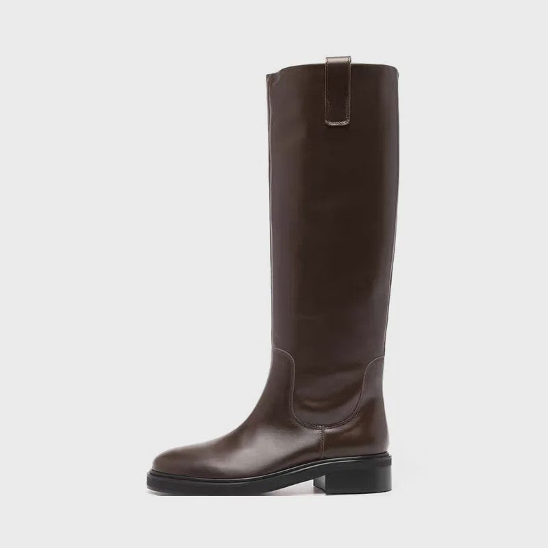Luxe Bruine Leren Dames Laarzen - Kniehoog, Vierkante Hak & Ronde Neus