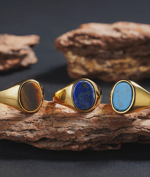 Unisex Vintage Ringen van Roestvrij Staal met Natuursteen (Onyx, Tijgeroog, Lapis Lazuli)