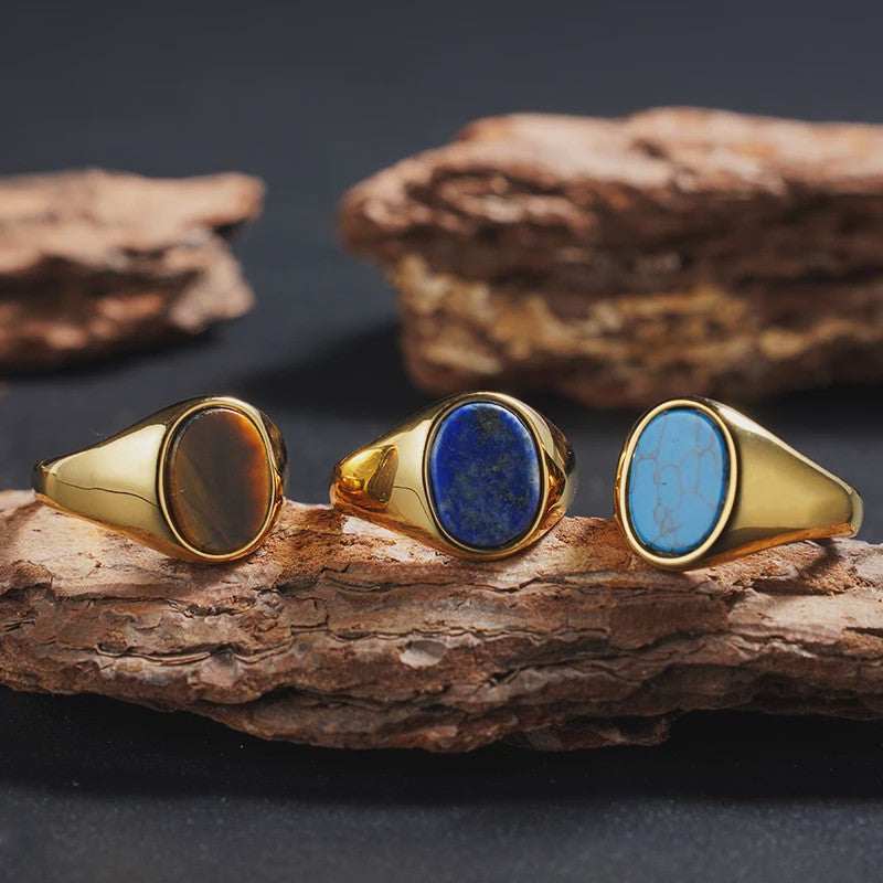 Unisex Vintage Ringen van Roestvrij Staal met Natuursteen (Onyx, Tijgeroog, Lapis Lazuli)