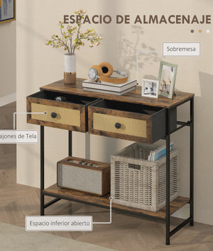 Sfeervolle Console Tafel met Open Plank en 2 Rotan Lades - Rustiek Bruin 80x30x75 cm
