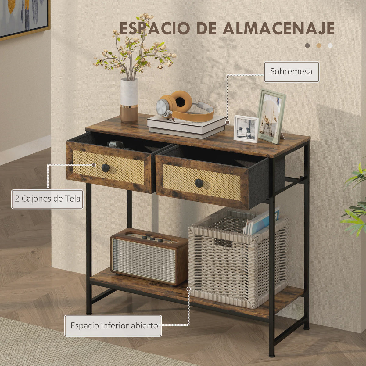 Sfeervolle Console Tafel met Open Plank en 2 Rotan Lades - Rustiek Bruin 80x30x75 cm