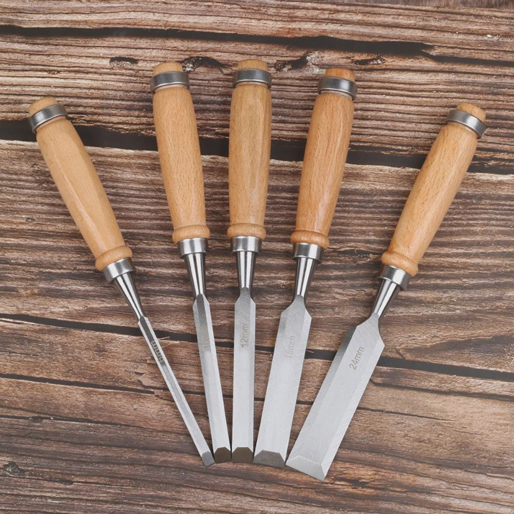 Professionele Houtsnijbeitel Set (4 stuks) - 6/12/18/24mm, Chroom-Vanadium Staal met Beukenhouten Handvatten