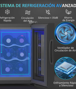 Compacte Wijnkoelkast voor 6 Flessen met LED-verlichting en Instelbare Temperatuur