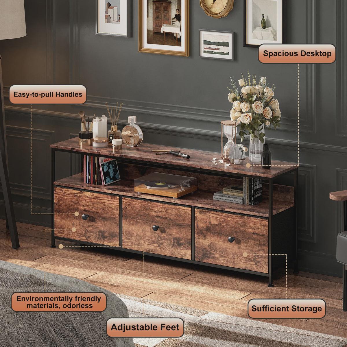 Vintage TV Meubel met LED Verlichting en 3 Stoffen Lades - Industrieel Design