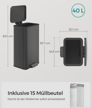 SONGMICS Keukenprullenbak 40L met Pedal en Deksel - RVS