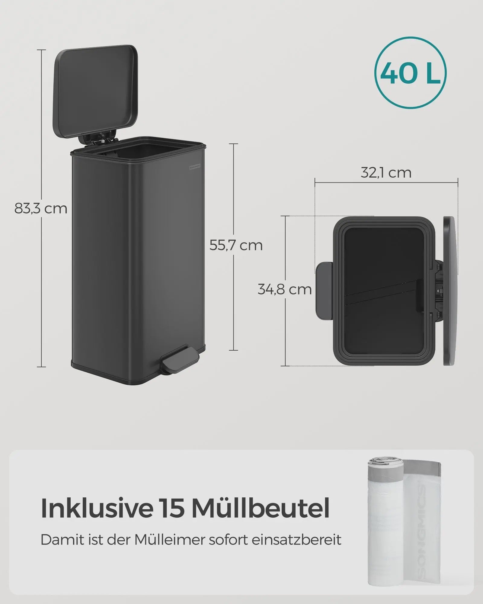 SONGMICS Keukenprullenbak 40L met Pedal en Deksel - RVS