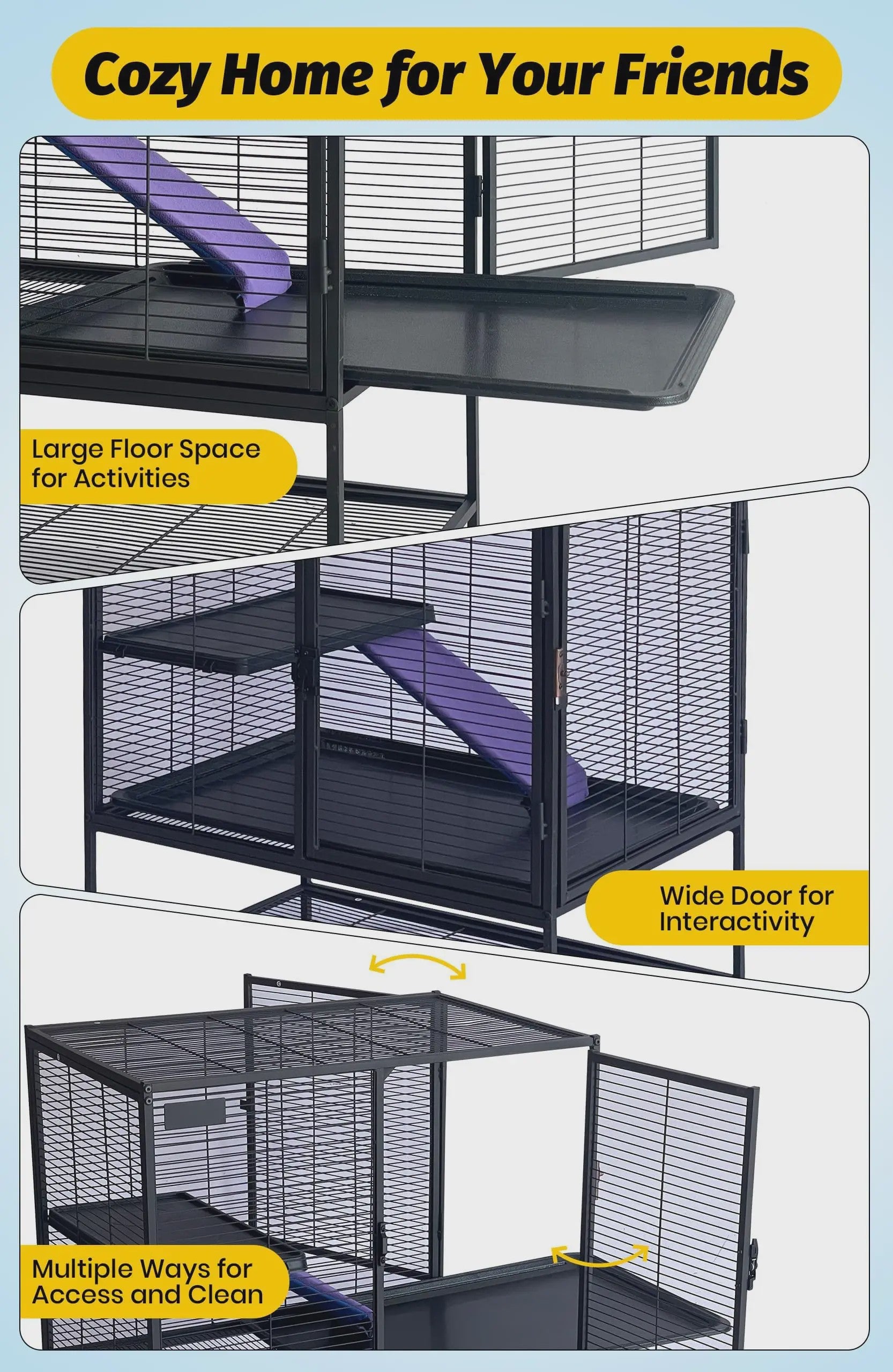 Ruime Multi-Level Kooi voor Kleine Dieren - 91 cm Hoog, Met Plateaus, Helling & Opbergruimte