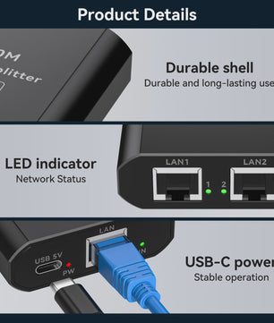 Gigabit RJ45 Netwerk Splitter 1000 Mbps (1-in-2-uit) met USB-C Voeding
