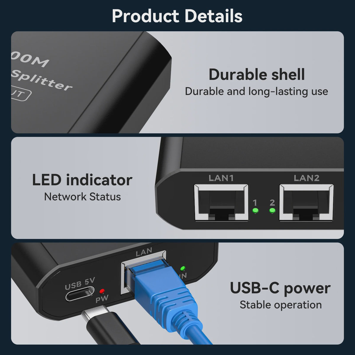 Gigabit RJ45 Netwerk Splitter 1000 Mbps (1-in-2-uit) met USB-C Voeding