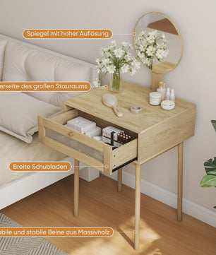 Houten Make-up Tafel met Rotan Ladefront en Ronde Spiegel - Stijlvolle Kaptafel