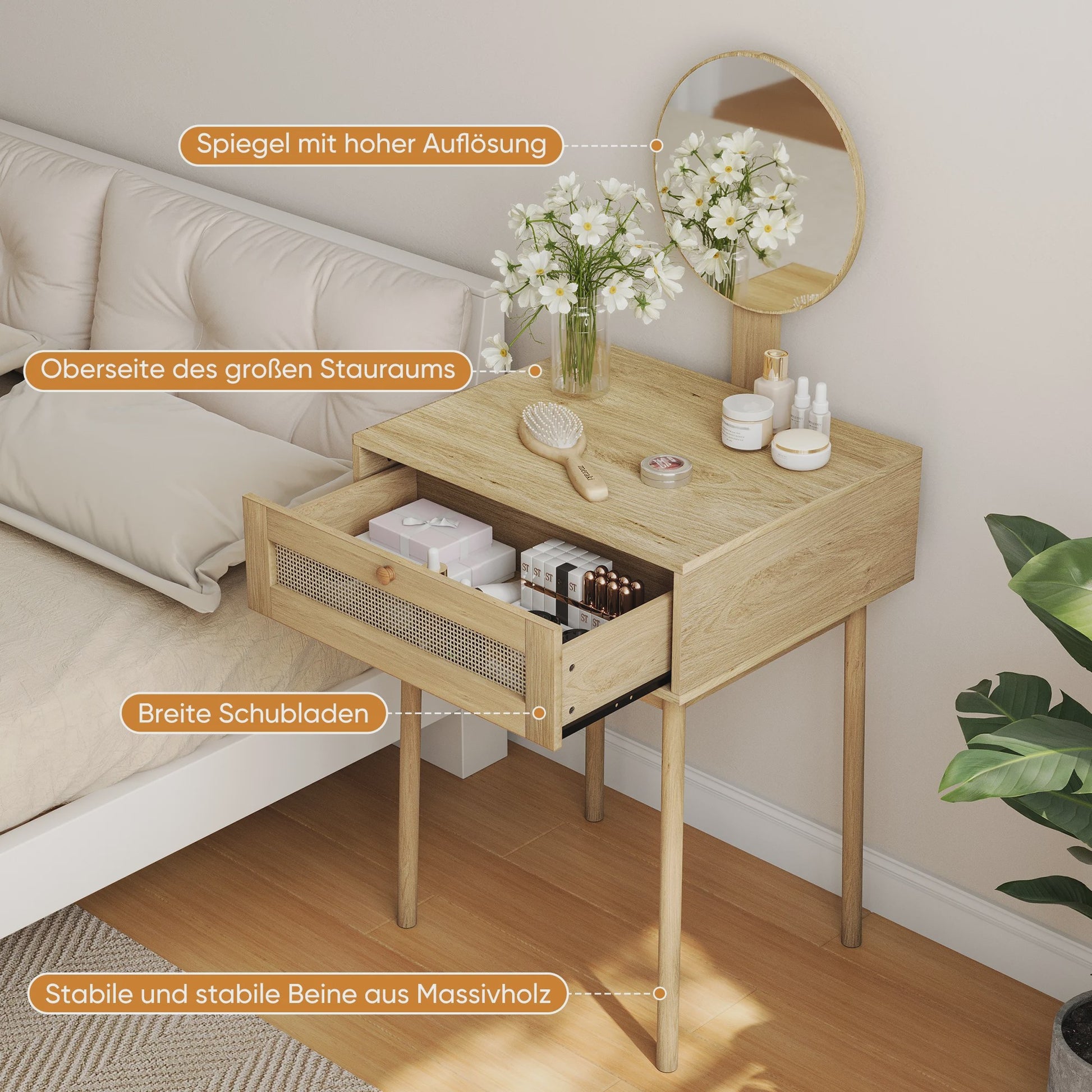 Houten Make-up Tafel met Rotan Ladefront en Ronde Spiegel - Stijlvolle Kaptafel
