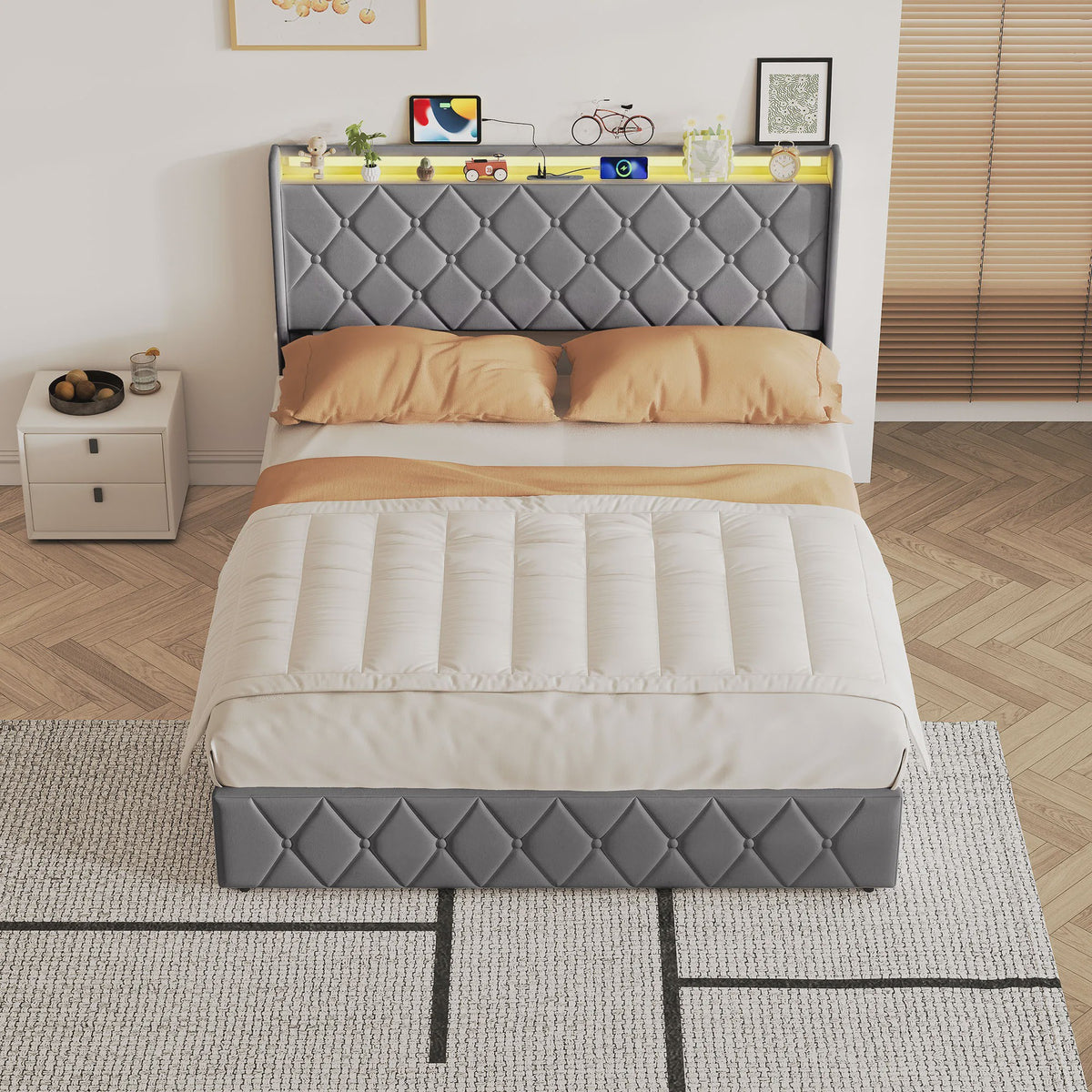 Modern Gestoffeerd Bed met Hydraulische Opbergruimte - 90x200cm of 140x200cm