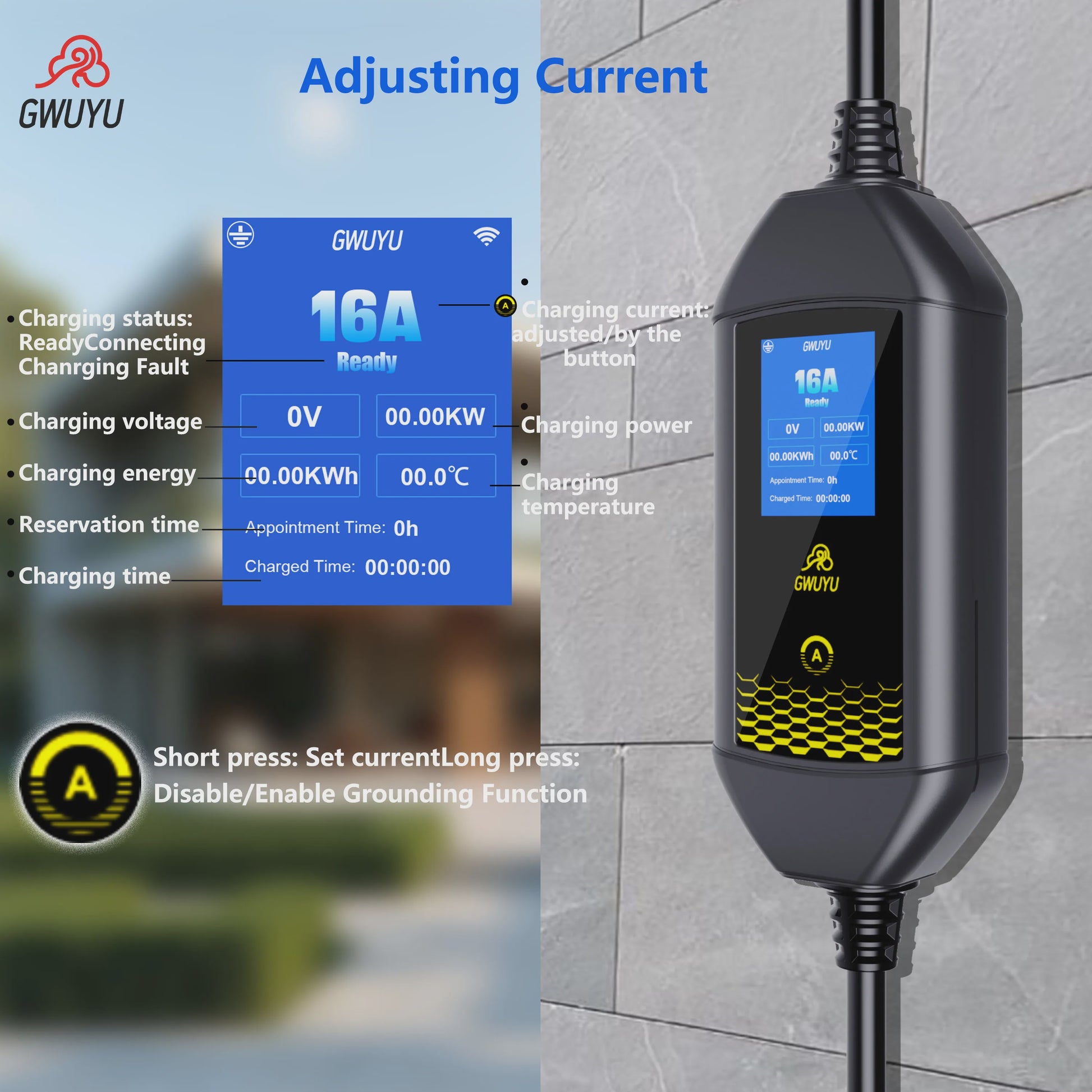 Draagbare EV Charger GWUYU 3.5kW - Type 1, 2, GBT - APP Bediening