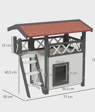 PawHut Luxe Kattenhuis Villa met Terras, Trap en Dak - 77x50x73 cm - Wit/Rood