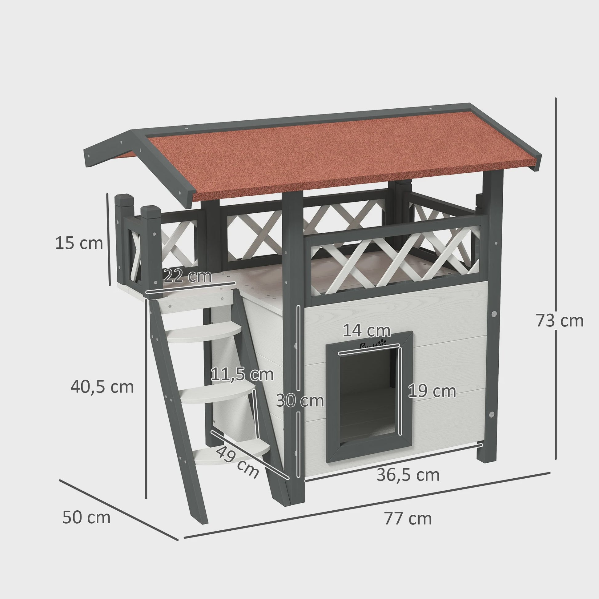 PawHut Luxe Kattenhuis Villa met Terras, Trap en Dak - 77x50x73 cm - Wit/Rood