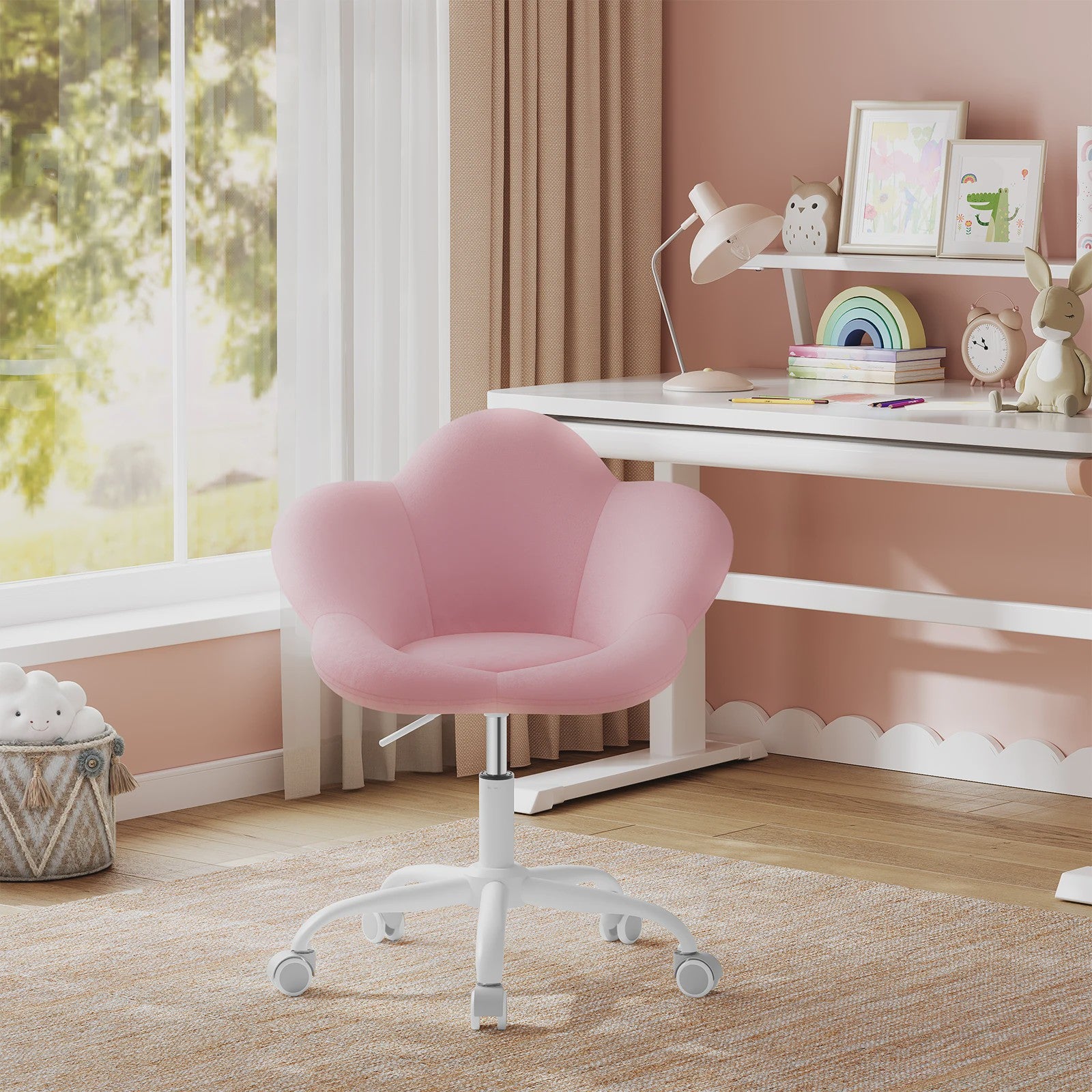 WOLTU Kinderbureau Stoel Velvet, Ergonomisch Draaibaar en In Hoogte Verstelbaar, Bloemen Design