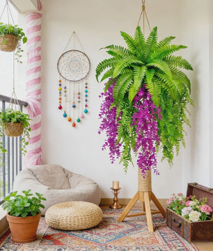 Kunstplant Boston Fern & Persische Violet met Klimop - Hangplant voor Groene Wand Decoratie