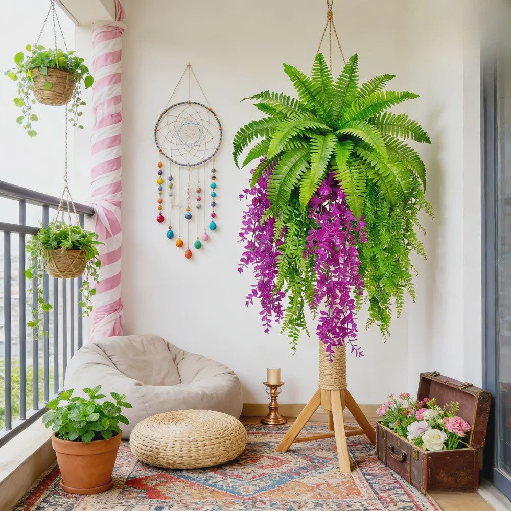 Kunstplant Boston Fern & Persische Violet met Klimop - Hangplant voor Groene Wand Decoratie