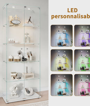 Moderne Witte Glazen Vitrinekast met LED Verlichting, 5 Legborden en 2 Vergrendelbare Deuren - 186x78x34 cm