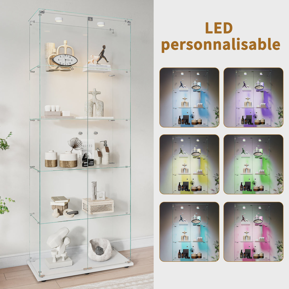 Moderne Witte Glazen Vitrinekast met LED Verlichting, 5 Legborden en 2 Vergrendelbare Deuren - 186x78x34 cm