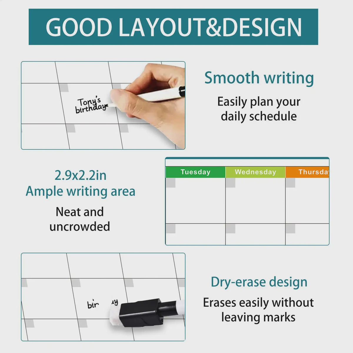 Herbruikbare Driemaanden Whiteboard Kalender & Planbord - OngeДата Wandplanner met 4 Markers