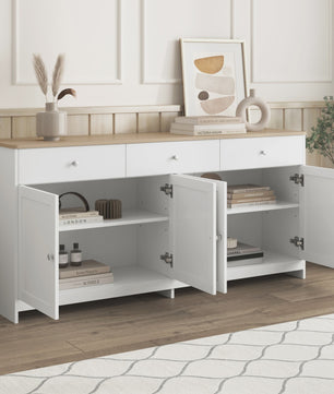 Witte Dressoir Kast met 4 Deuren en 3 Lades - Stijlvolle Opbergkast voor Woon- en Eetkamer