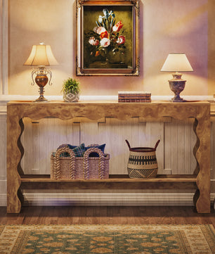 Lange Houten Console Tafel 160cm met Scalloped Rand en Opbergplank - Rustiek Modern Design