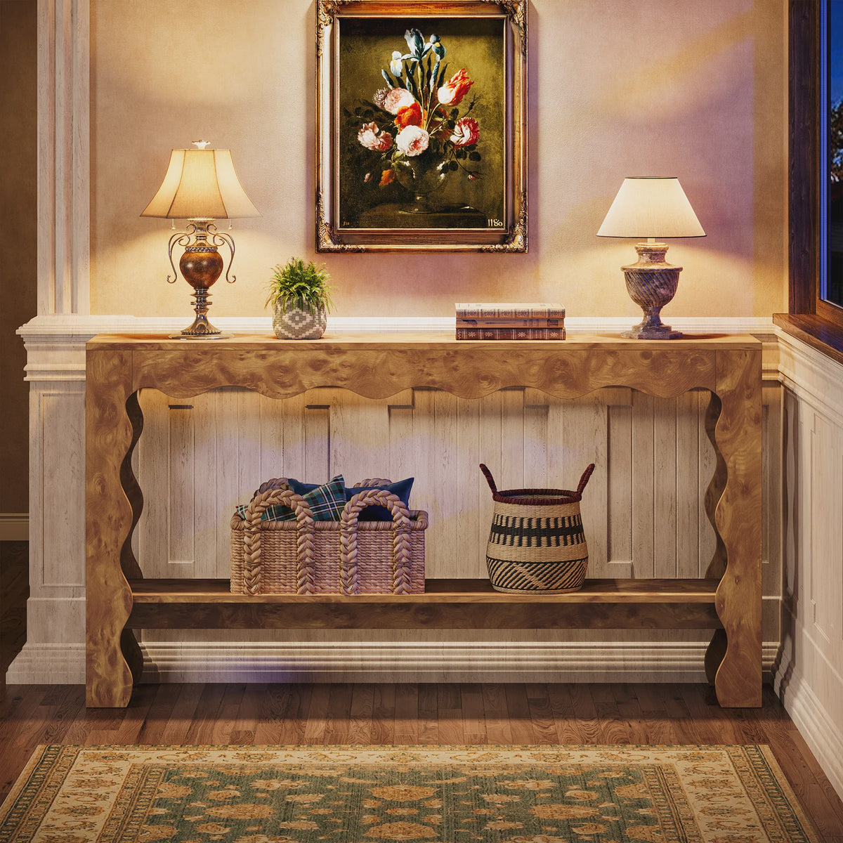 Lange Houten Console Tafel 160cm met Scalloped Rand en Opbergplank - Rustiek Modern Design
