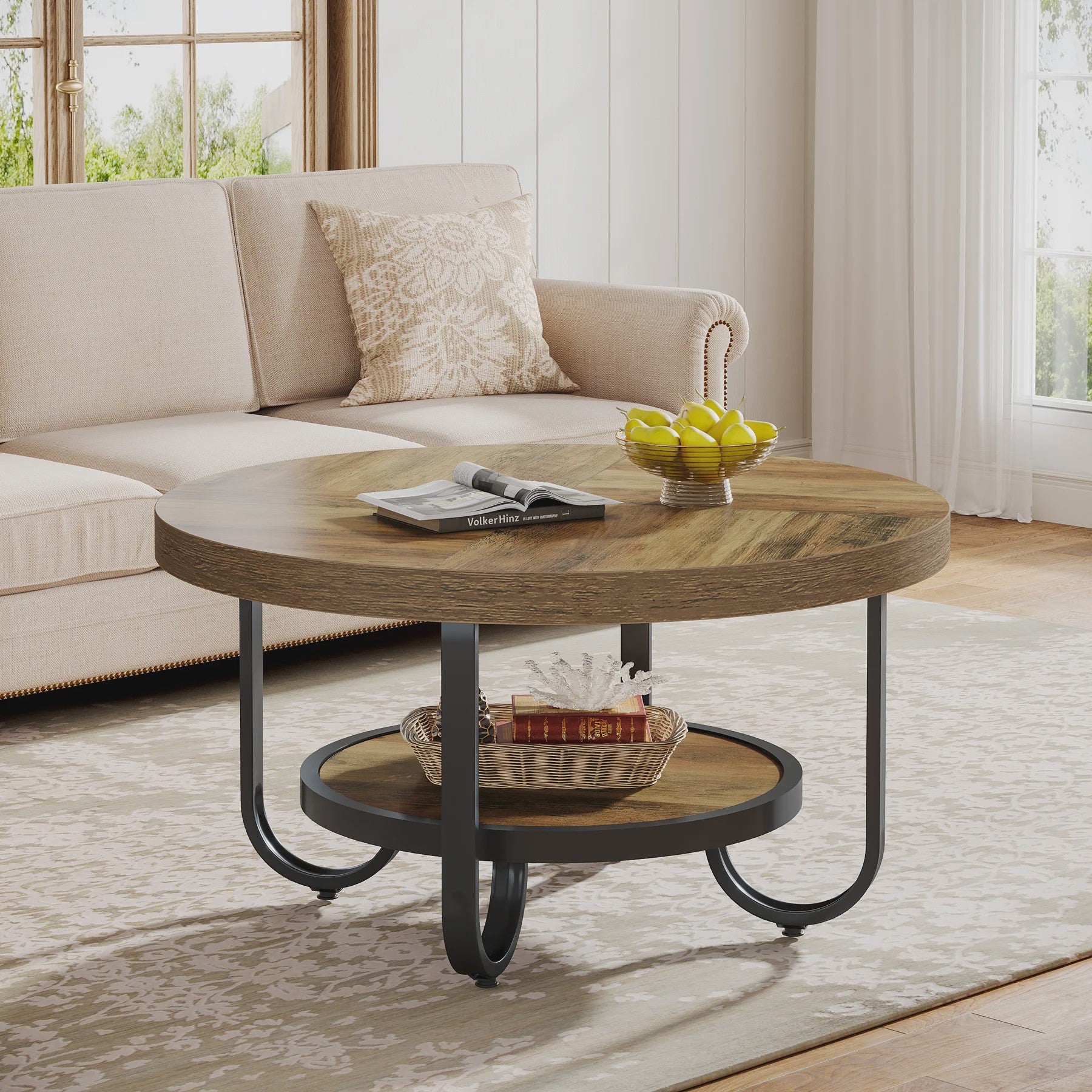Stijlvolle Ronde Salontafel met 2 Lagen en Opbergplank - 79cm Diameter