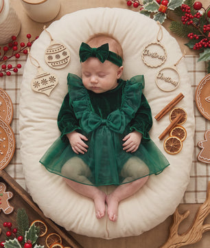 Baby Meisjes Kerst Romper Jurk met Lange Mouwen, Ruches, Tule en Hoofdband