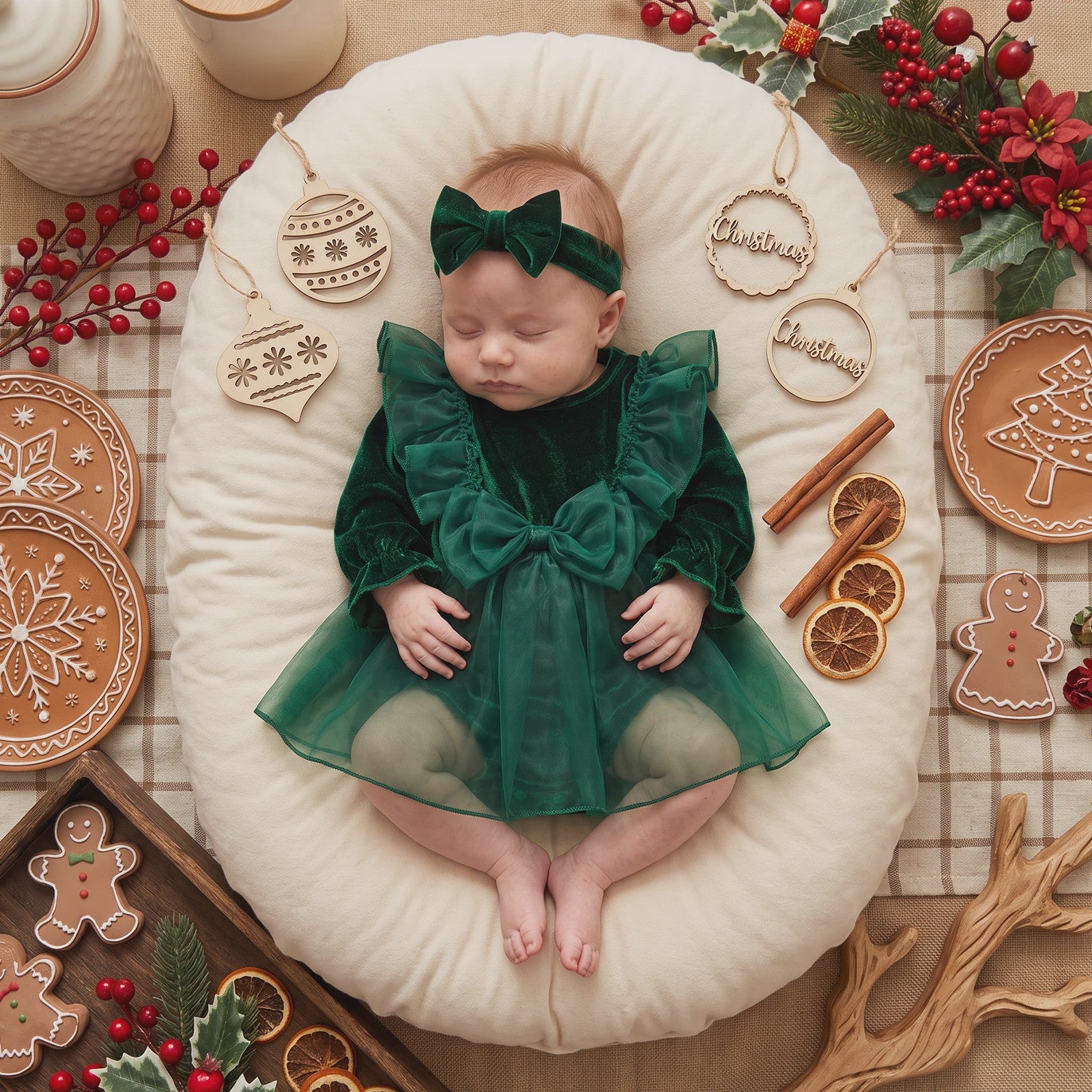 Baby Meisjes Kerst Romper Jurk met Lange Mouwen, Ruches, Tule en Hoofdband