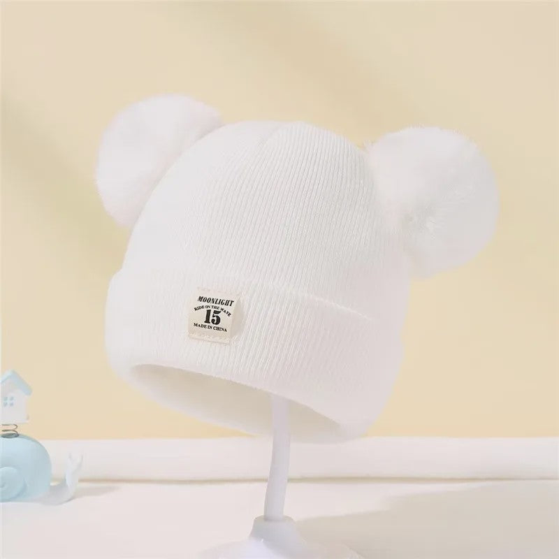 Warme Gebreide Babymuts met Dubbele Pompon - Winter Muts voor Jongens en Meisjes