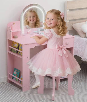 Prinsessenkaptafel met Verlichte Spiegel en Krukje - Kinder Make-up Tafel met Opbergruimte