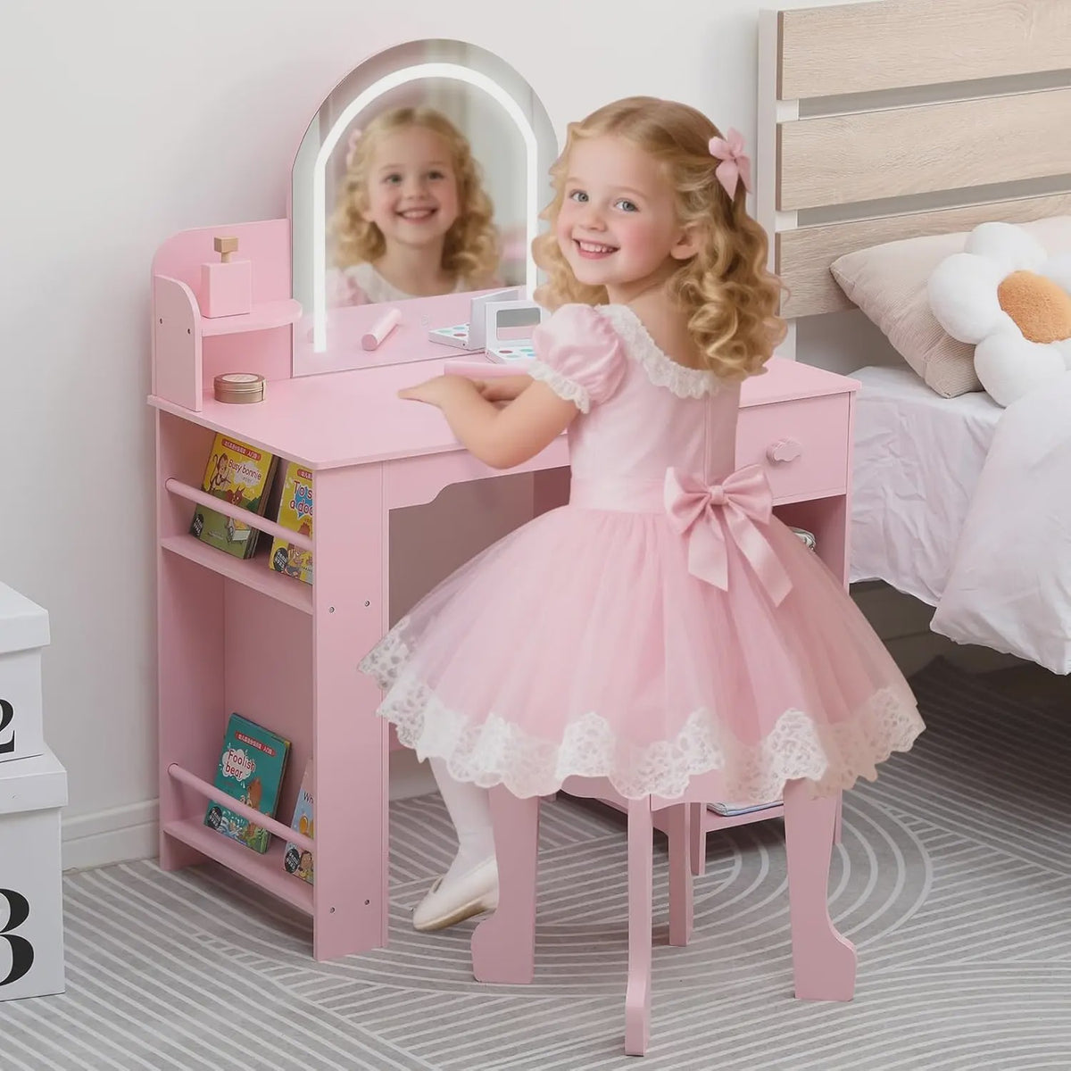 Prinsessenkaptafel met Verlichte Spiegel en Krukje - Kinder Make-up Tafel met Opbergruimte