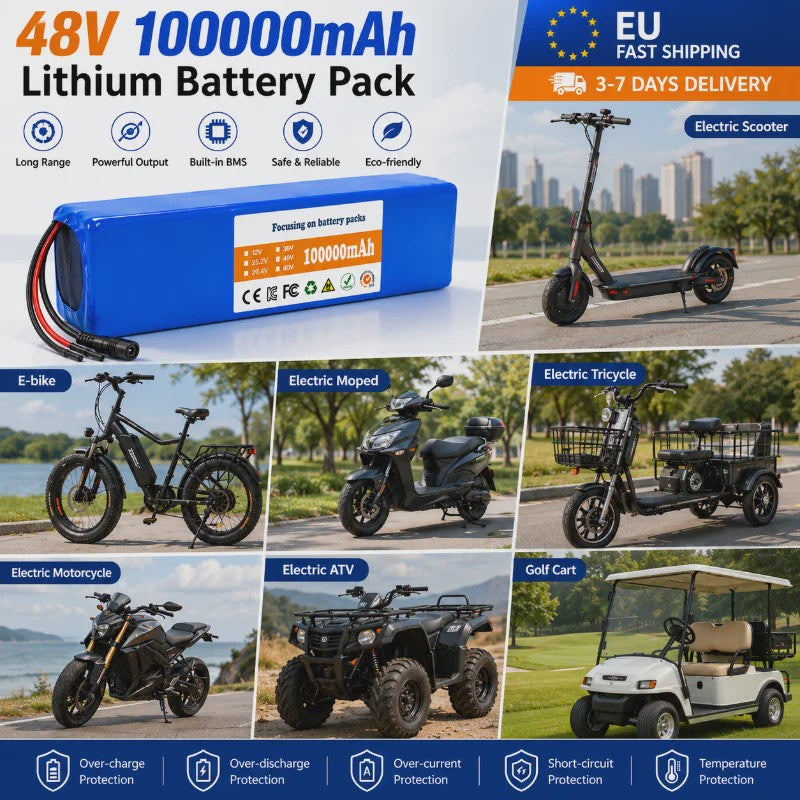 48V 100Ah Lithium Batterij Pack met BMS voor E-bike & Scooter - Inclusief 54.6V Lader