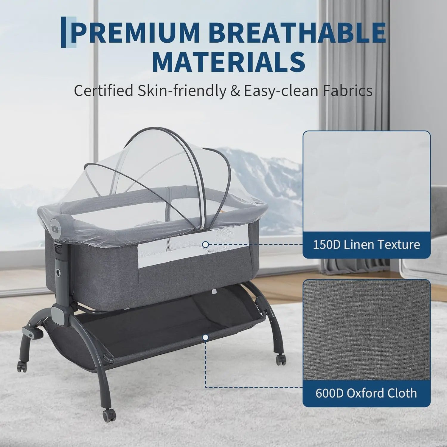 3-in-1 Baby Wieg & Co-Sleeper met Klamboe - Verstelbaar & Draagbaar