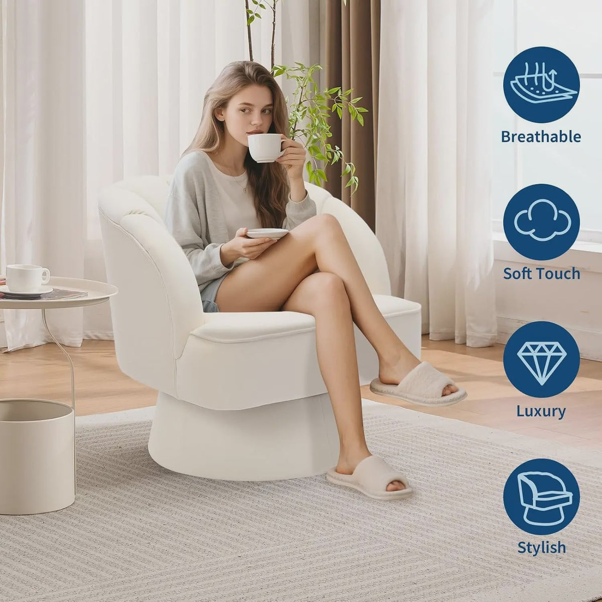 Draaibare Fluweel Lounge Fauteuil met 360° Rotatie - Comfortabele Leesstoel