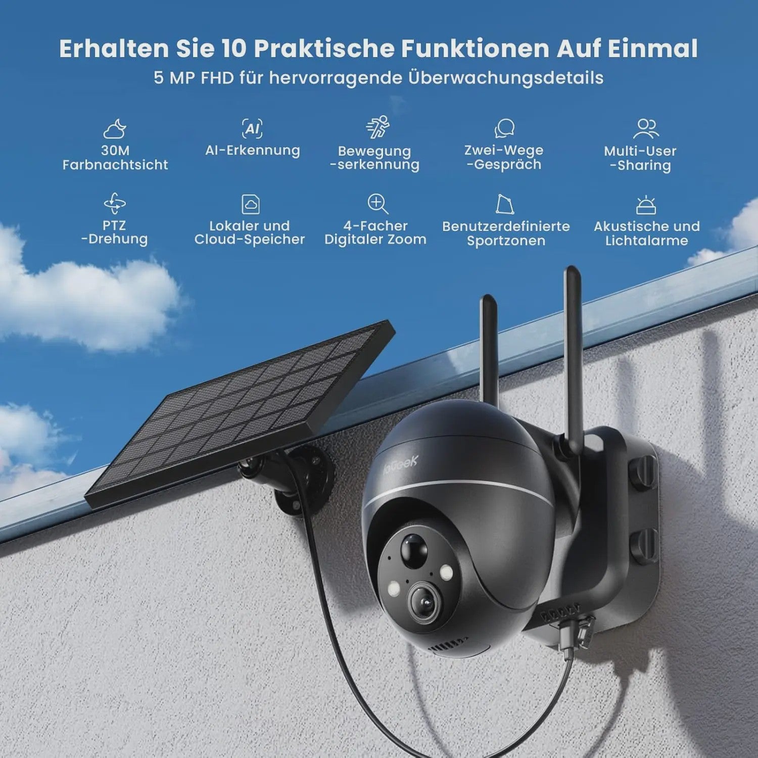 IeGeek 5MP Draadloze Buiten Camera met Solar Paneel, PTZ, PIR Bewegingsdetectie