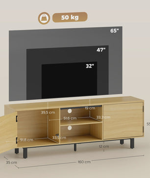 HOMCOM TV Meubel 160cm - Stijlvolle TV-kast met 2 deuren, open vakken & metalen poten - Geschikt voor TV's tot 65 inch - Naturel Hout