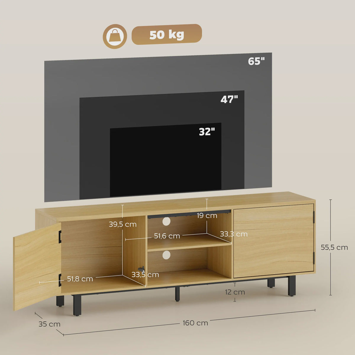 HOMCOM TV Meubel 160cm - Stijlvolle TV-kast met 2 deuren, open vakken & metalen poten - Geschikt voor TV's tot 65 inch - Naturel Hout