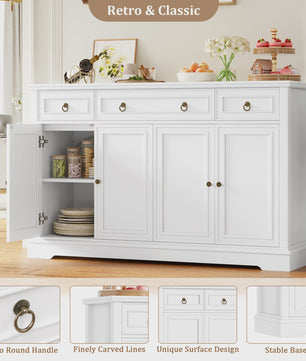 Stijlvol Wit Retro Sideboard met 3 Lades en 4 Deuren - 134x40x87cm