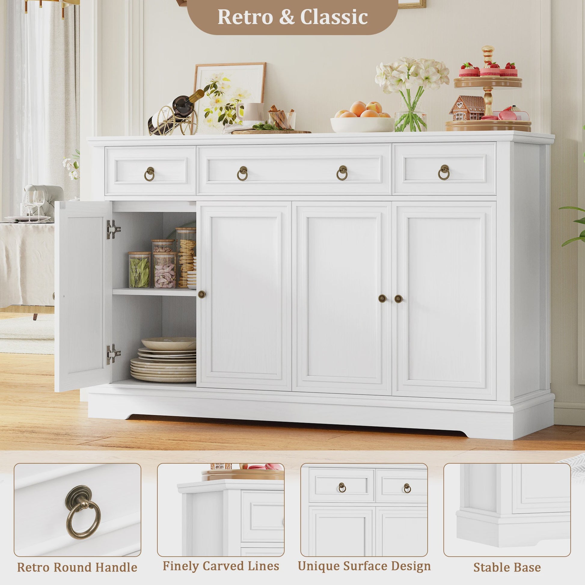 Stijlvol Wit Retro Sideboard met 3 Lades en 4 Deuren - 134x40x87cm
