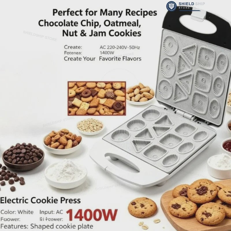 Elektrische Koekjesmaker 1400W met 12 Vormen - Non-Stick & Dubbelzijdig Verwarmd