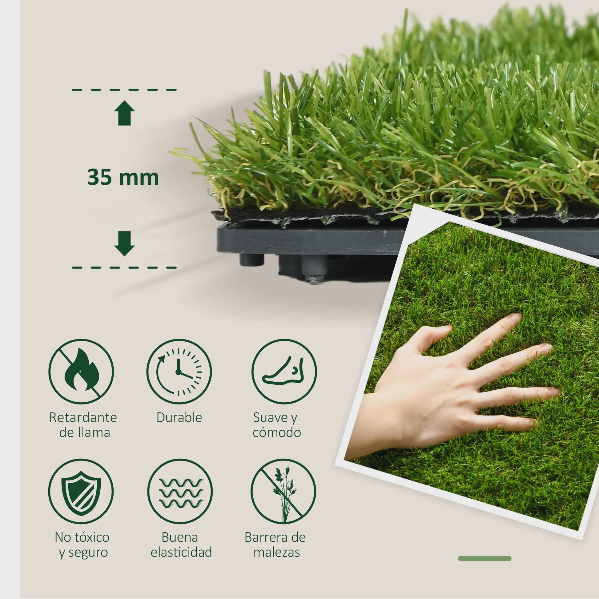 10x Kunstgras Tegels 30x30 cm - 25 mm Grashoogte - Groen