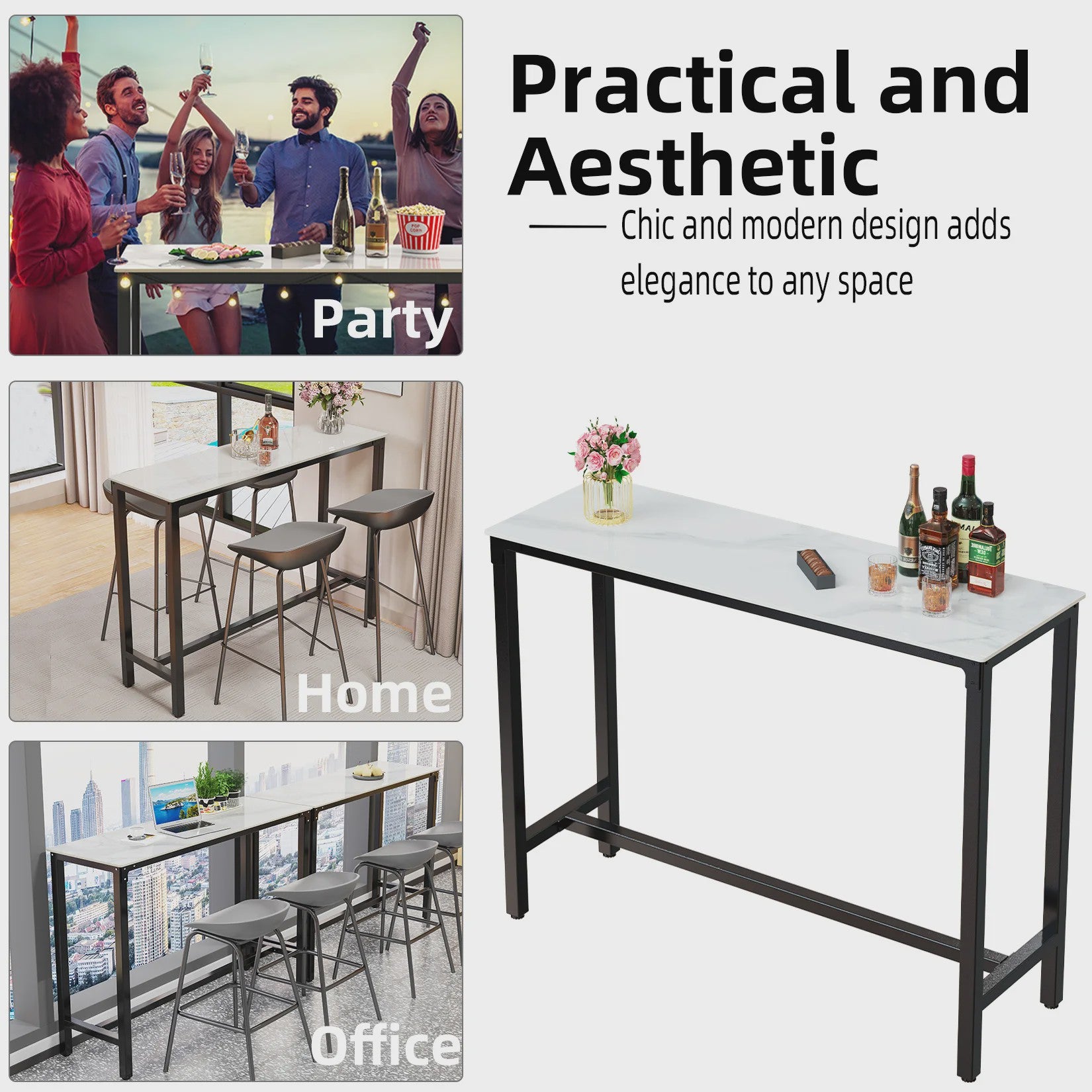 Sintered Stone Bartafel Wit Rechthoekig 120cm - Counter Height Pub Tafel met Zwart Metaal Frame