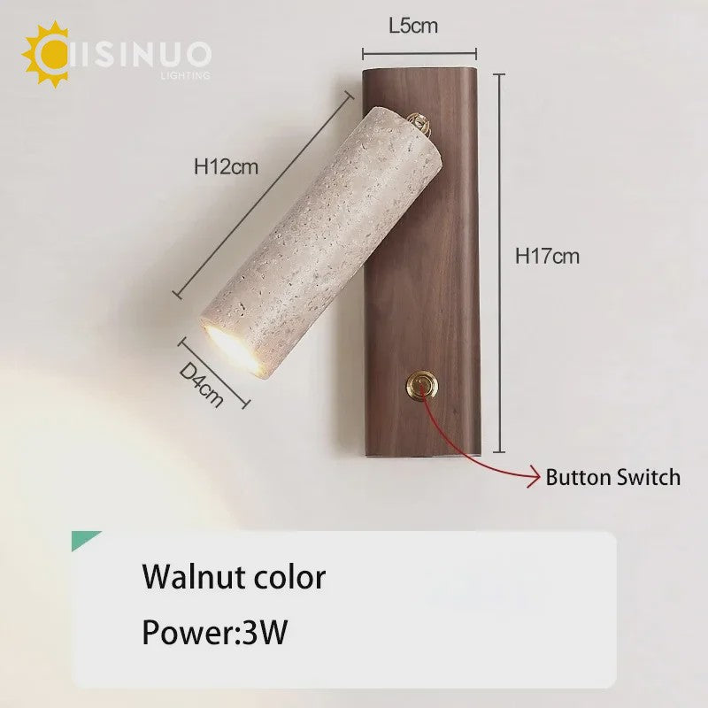 Wabi-Sabi Wandlamp Natuurlijk Geel Travertin Steen met Houten Basis & Draaibare Kap