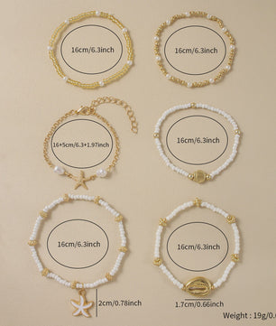 Set van 5 Vintage Kralen Armbanden met Sterren en Schelpen - Zomerse Beach Party Stijl